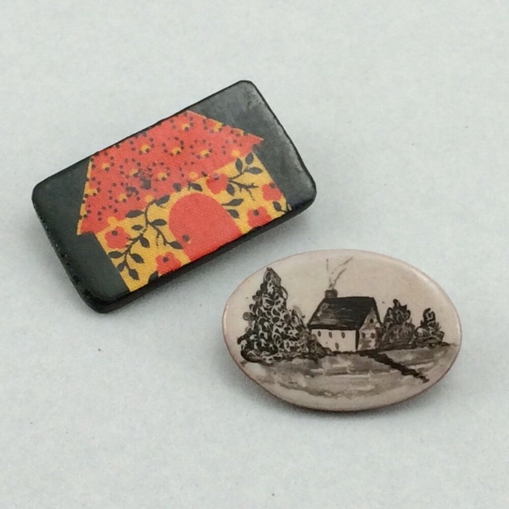 2 Handmade House Cottage Themed Brooches Pins Countryside Wood Clay Cottagecore
